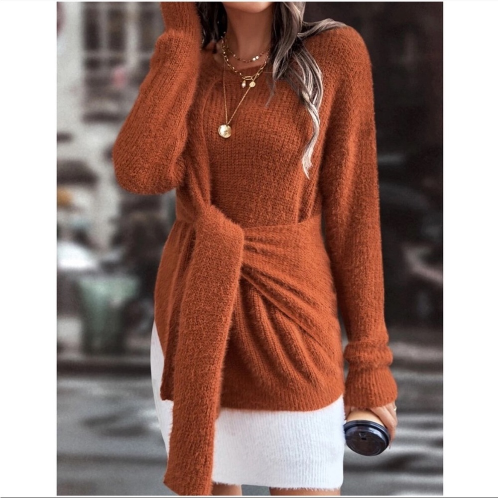 Cozy Rust Orange Tie Front Fuzzy Sweater Top XS S M L XL XXL - Picture 2 of 5